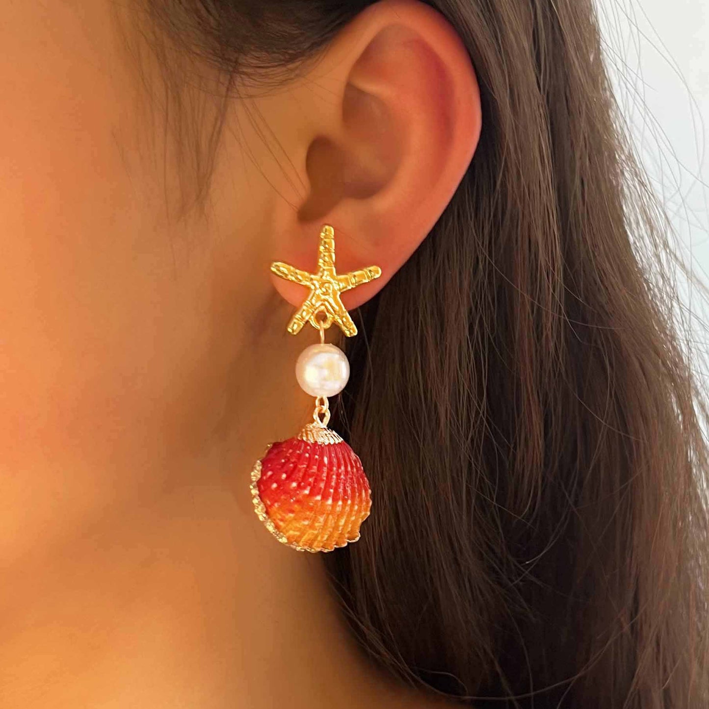 Unique Ocean-Inspired Colorful Shell and Faux Pearl Starfish Earrings for Women – Creative Design, Perfect for Beach Lovers