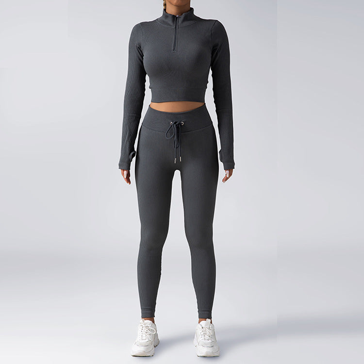 Chic Solid Color Zip Up Long Sleeve Fitness Set with Drawstring High Elastic Slim Fit Yoga Pants for Women for Fashionable Workouts and Daily Wear