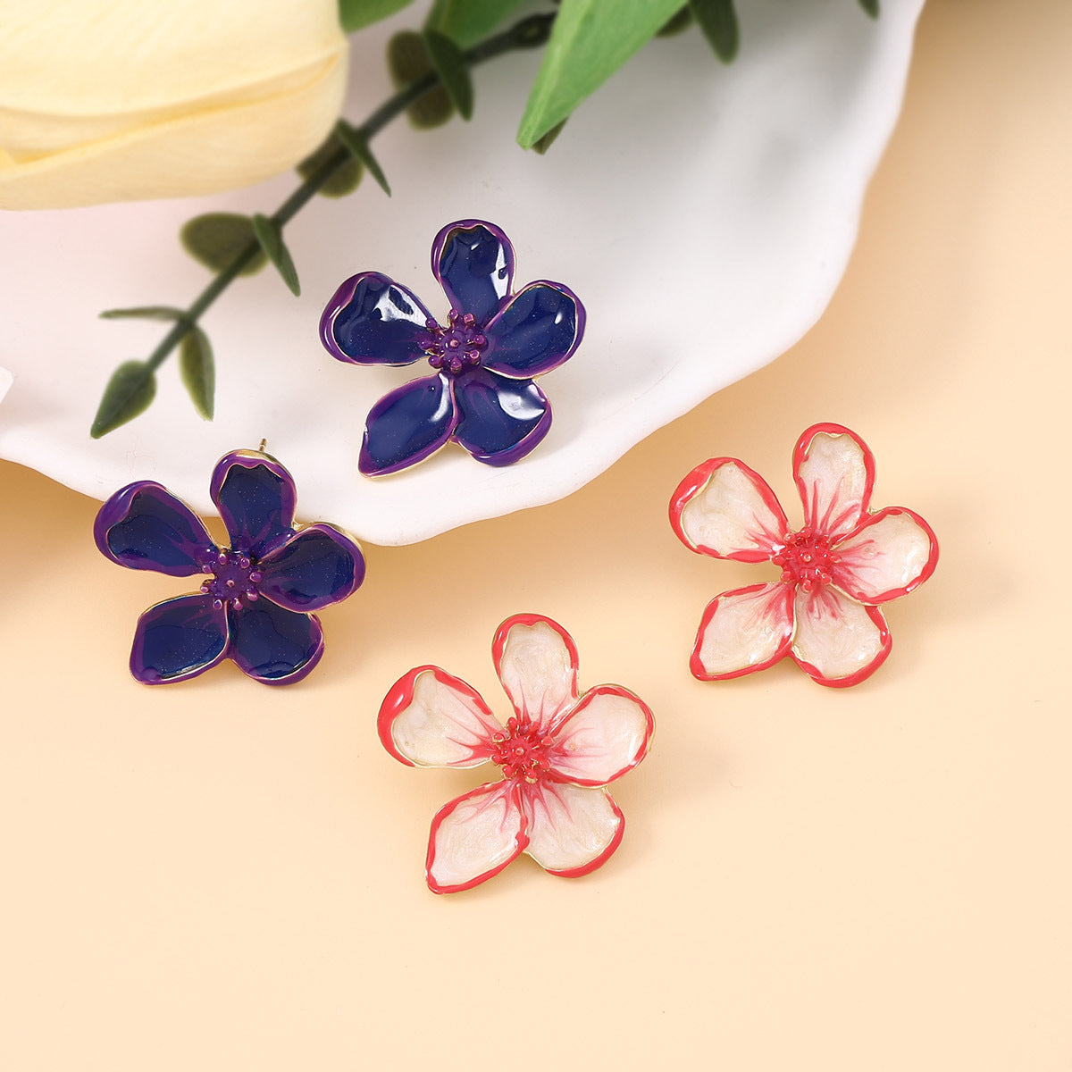 Elegant Enamel Flower Stud Earrings with Unique Design | Minimalist Chic Accessory for Distinctive Style