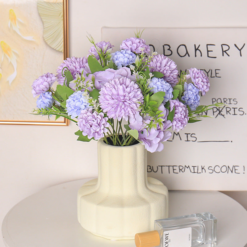 Elegant European-Inspired Faux Hydrangea Bouquet - Mixed Mini Mum Flower Arrangement with Five Stems for Stunning Home Decor or Special Occasions