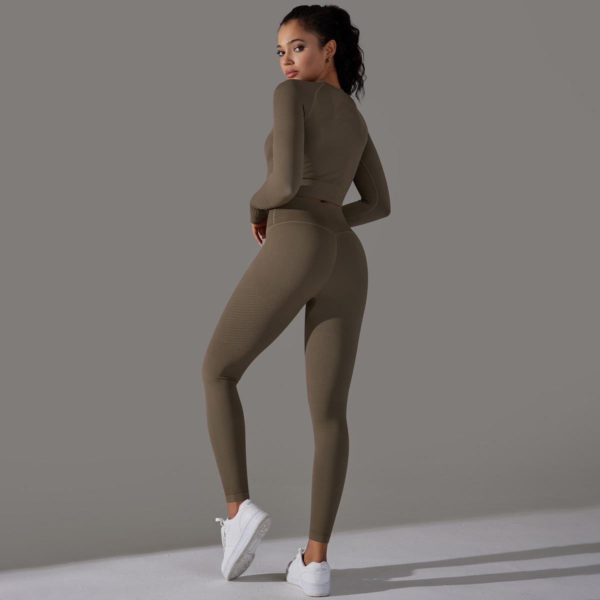 Seamless Knitted High Waist Yoga Set for Women Striped Long Sleeve Top Peach Butt Leggings for Fitness Gym Workouts