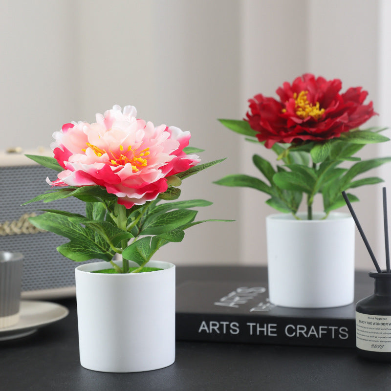 Realistic Silk Peony Flower Potted Plant Set for Home and Office - Elegant Desktop Decoration with Lifelike Faux Flowers