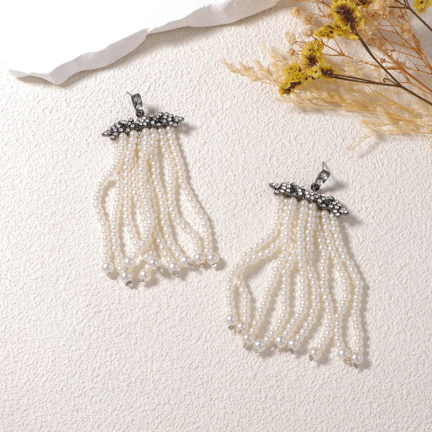 Creative and Exaggerated Geometric Pearl-Style Tassel Earrings for Women - Glamorous Zirconia Accents and Unique Design