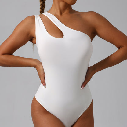 Elegant One Piece Bodysuit with Asymmetrical Cut Out Shoulder Strap No Cup Design for a Flattering Fit