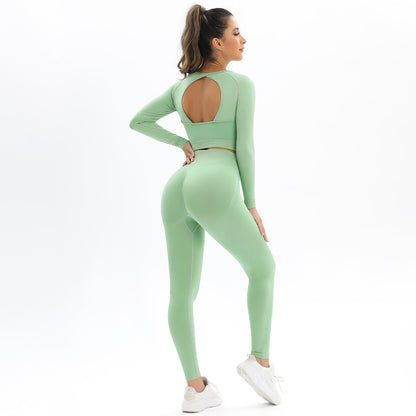 Peach Seamless Knitted Backless High Stretch Long Sleeve Yoga Set Women's 2 Piece Activewear for Running Fitness and Workout Comfort