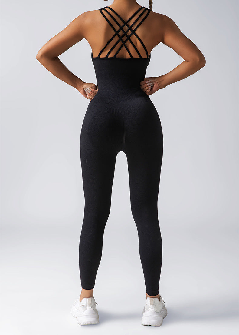 Seamless Lifting Yoga Jumpsuit with Built in Chest Padding and Ribbed Design Women's Fitness Outfit for Enhanced Support and Comfort