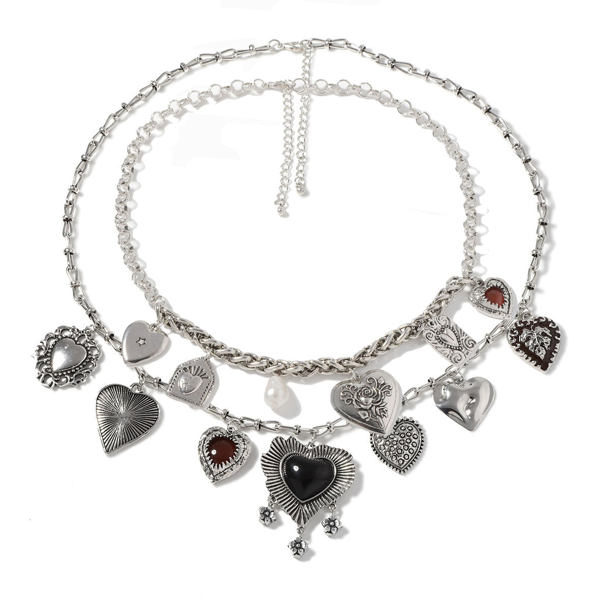 Vintage Goth-Inspired Geometric Heart-Shaped Pendant Layered Necklace and Earring Set for Women – Unique Double-Strand Chain Jewelry for a Bold Statement