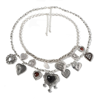 Vintage Goth-Inspired Geometric Heart-Shaped Pendant Layered Necklace and Earring Set for Women – Unique Double-Strand Chain Jewelry for a Bold Statement