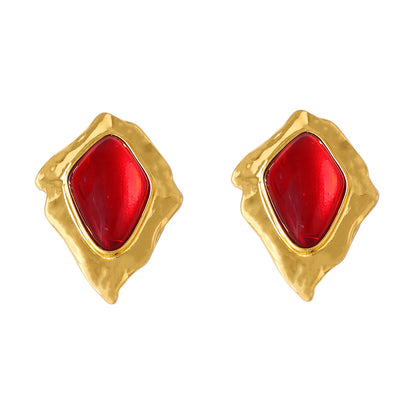 Chic French Vintage-Inspired Geometric Pleated Alloy Diamond Resin Gemstone Earrings - Elegant Statement Studs for Fashion Shows