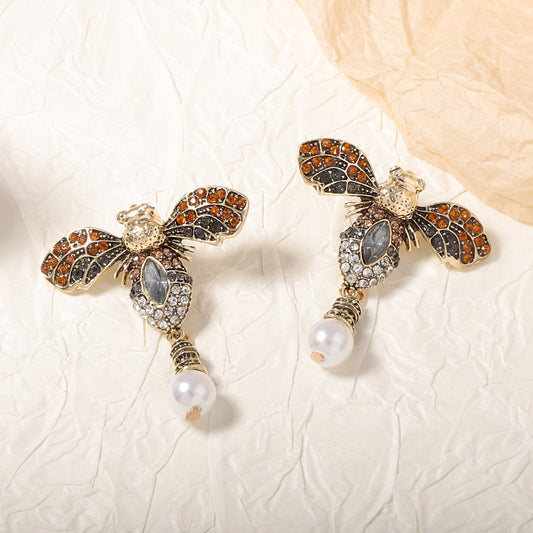 Vintage-Inspired Unique Alloy Bee Earrings with Full Rhinestones and Faux Pearls – Elegant High-End Design for Women