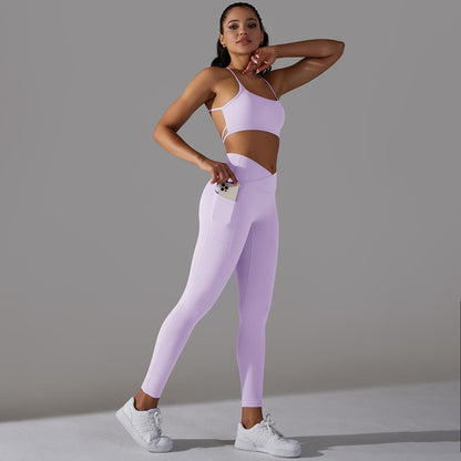 Back Cross Sports Bra High Waisted Breathable Butt Lifting Pocket Leggings Fitness Set for Comfort and Performance