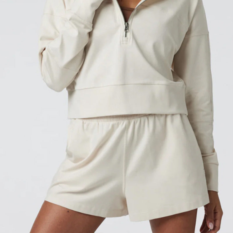 Half Zip Short Hoodie with Hood Loose Fit Long Sleeve Sweatshirt and Matching Casual Shorts Set for Comfortable Fitness and Outdoor Activities