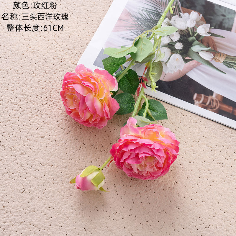 Elegant European-Style 3-Head Peony and Western Rose Artificial Flower Arrangement for Home Decor, Wedding Celebrations, and Wall Art - MW51010