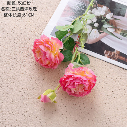 Elegant European-Style 3-Head Peony and Western Rose Artificial Flower Arrangement for Home Decor, Wedding Celebrations, and Wall Art - MW51010