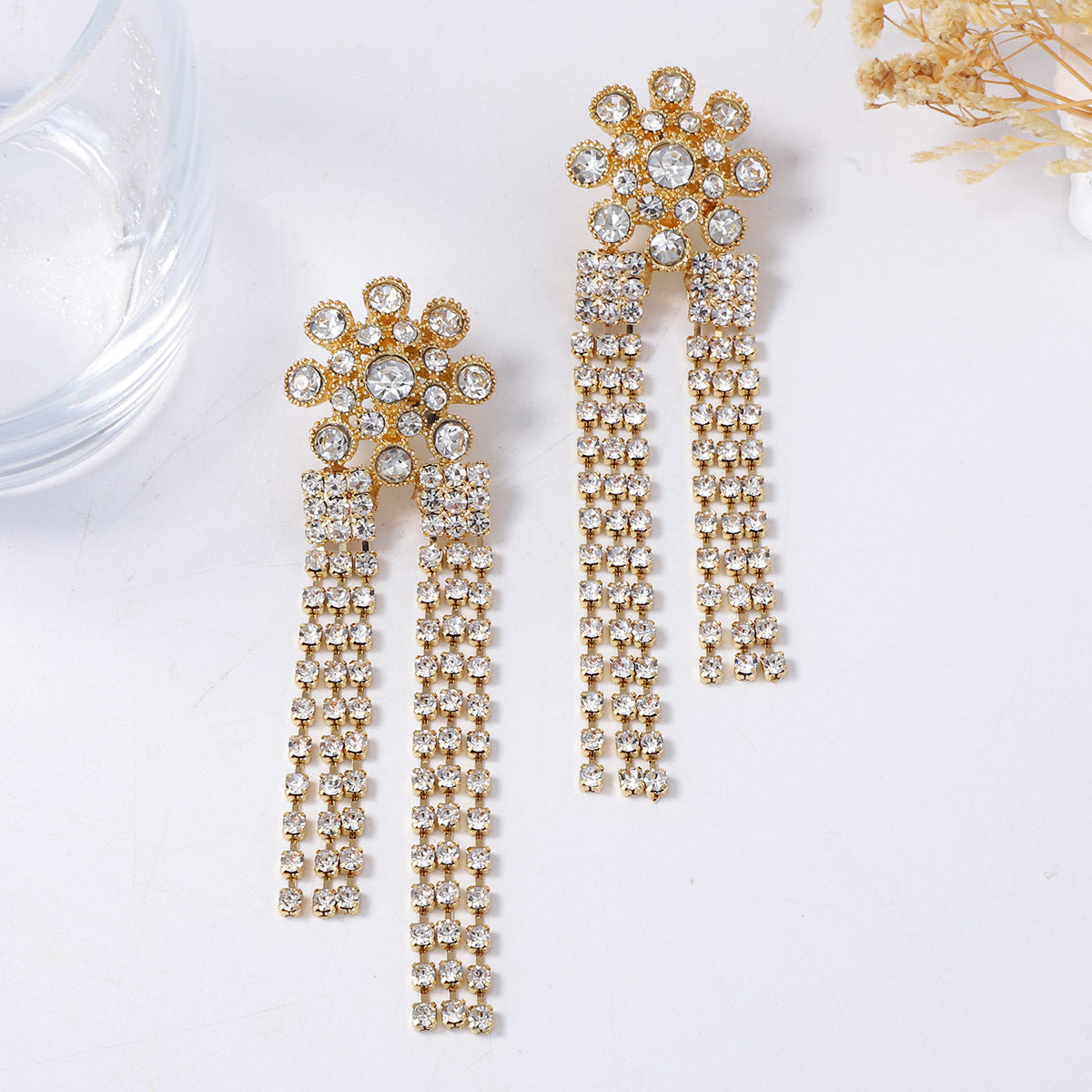 Exquisite Luxurious Stunning Alloy & Rhinestone Long Tassel Floral Drop Earrings for Women - Perfect for Any Occasion