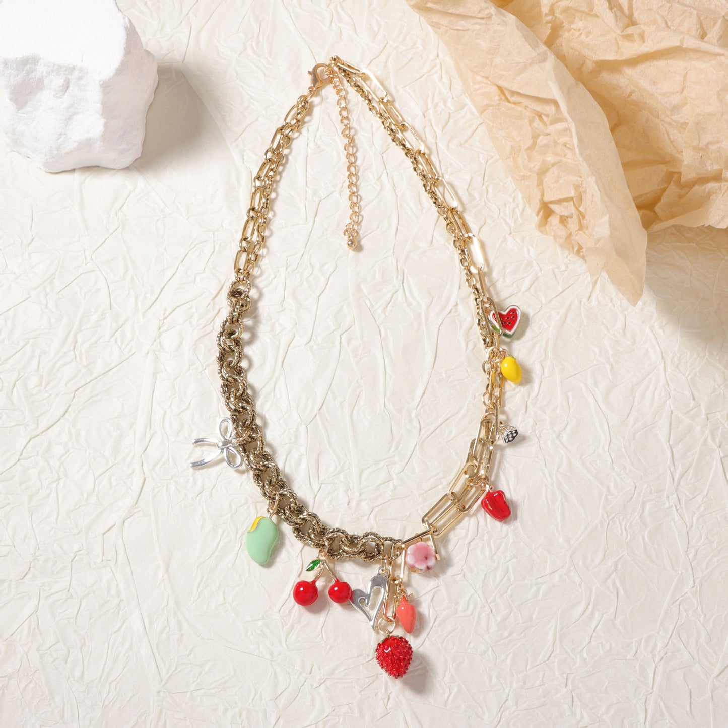 Trendy and Unique Alloy Dripped Oil Strawberry Cherry Radish Pendant Mixed Chain Necklace - Perfect for Fashion-Forward Individuals
