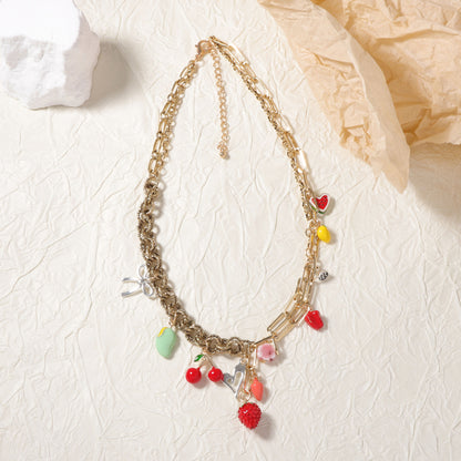 Trendy and Unique Alloy Dripped Oil Strawberry Cherry Radish Pendant Mixed Chain Necklace - Perfect for Fashion-Forward Individuals