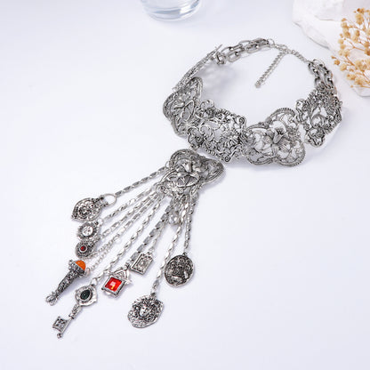 Bohemian Vintage-Inspired Antique Silver Alloy Statement Necklace with Geometric Tassels - Unique Tribal Design for Women