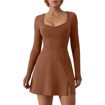 Women's Long Sleeve Mini Bodycon Dress with Heart Shaped Neckline Side Slit and Built In Shorts for Yoga and Activewear