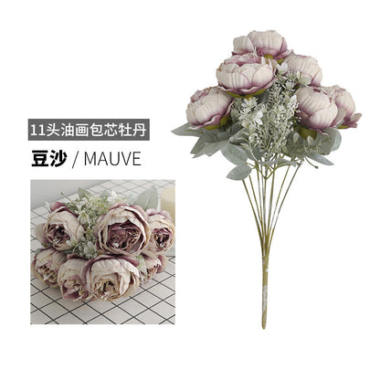 Lifelike 11-Head Oil Paint Effect Peony Bouquet - Elegant Vintage European-Style Faux Flower Arrangement for Wedding Entrance and Celebrations