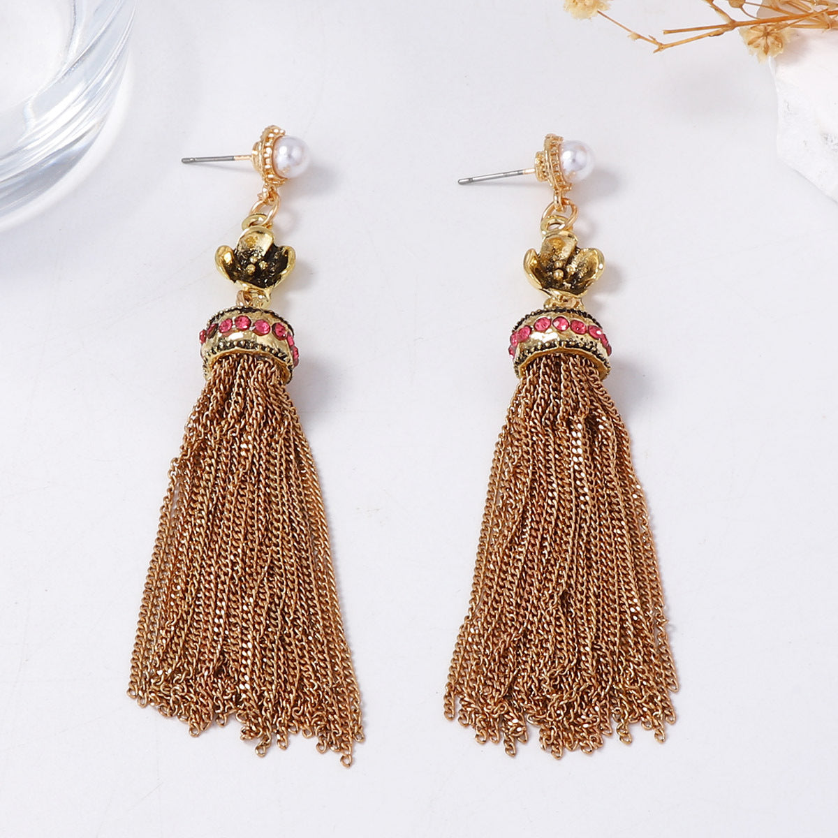 Bohemian-Inspired Geometric Tassel Drop Earrings with Dazzling Zirconia Stones - Vintage Ethnic Style for Unique Personal Expression