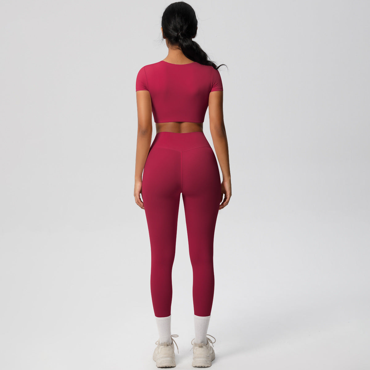 Soft Brushed Fabric Yoga Set with Built in Bra Short Sleeve Top High Waisted Butt Lifting Leggings for Running and Fitness