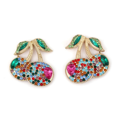 Trendy Fresh Fruit Cherry Alloy Earrings with Sparkling Rhinestones - Elegant Versatile Luxury for Every Occasion