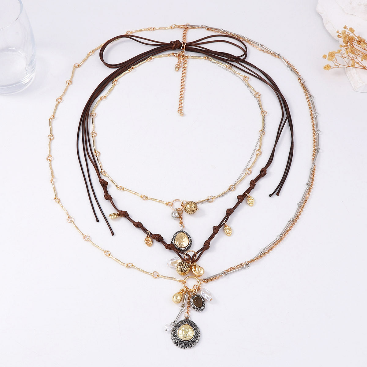 Chic Bohemian-Inspired Layered Chain Wax Rope Alloy Geometric Pendant Necklace – Elegant, Versatile, and Perfect for Any Occasion