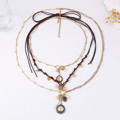 Chic Bohemian-Inspired Layered Chain Wax Rope Alloy Geometric Pendant Necklace – Elegant, Versatile, and Perfect for Any Occasion