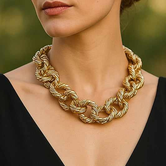 Unique Vintage-Inspired Jewelry Set: Chunky Textured Metal Twisted Geometric Statement Necklace and Bracelet for Bold Fashion Lovers