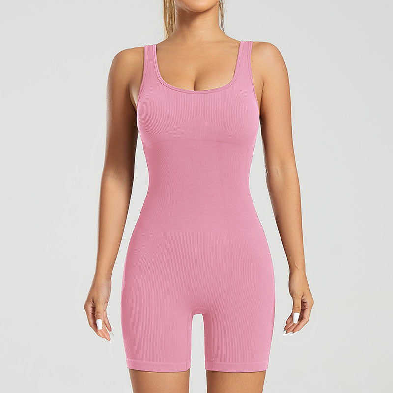 Seamless Ribbed One Piece Yoga Fitness Outfit Quick Dry Running Sportswear with Breathable Shorts for Comfort and Style