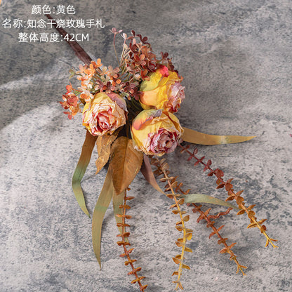 Chinen Dried Rose Handwritten Bouquet - Artificial Flower Decoration for Weddings & Events - Lifelike Green Plant Home Decor (MW89102)