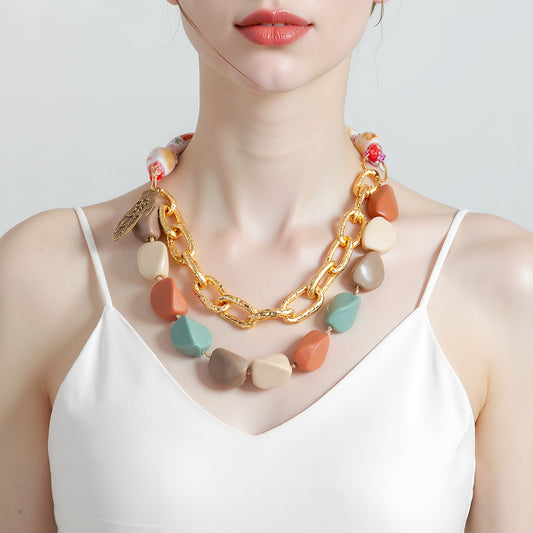 Unique Creative Geometric Multi-Color Beaded Pendant Necklace with Ribbon Design – Versatile Fashion Accessory for Any Occasion