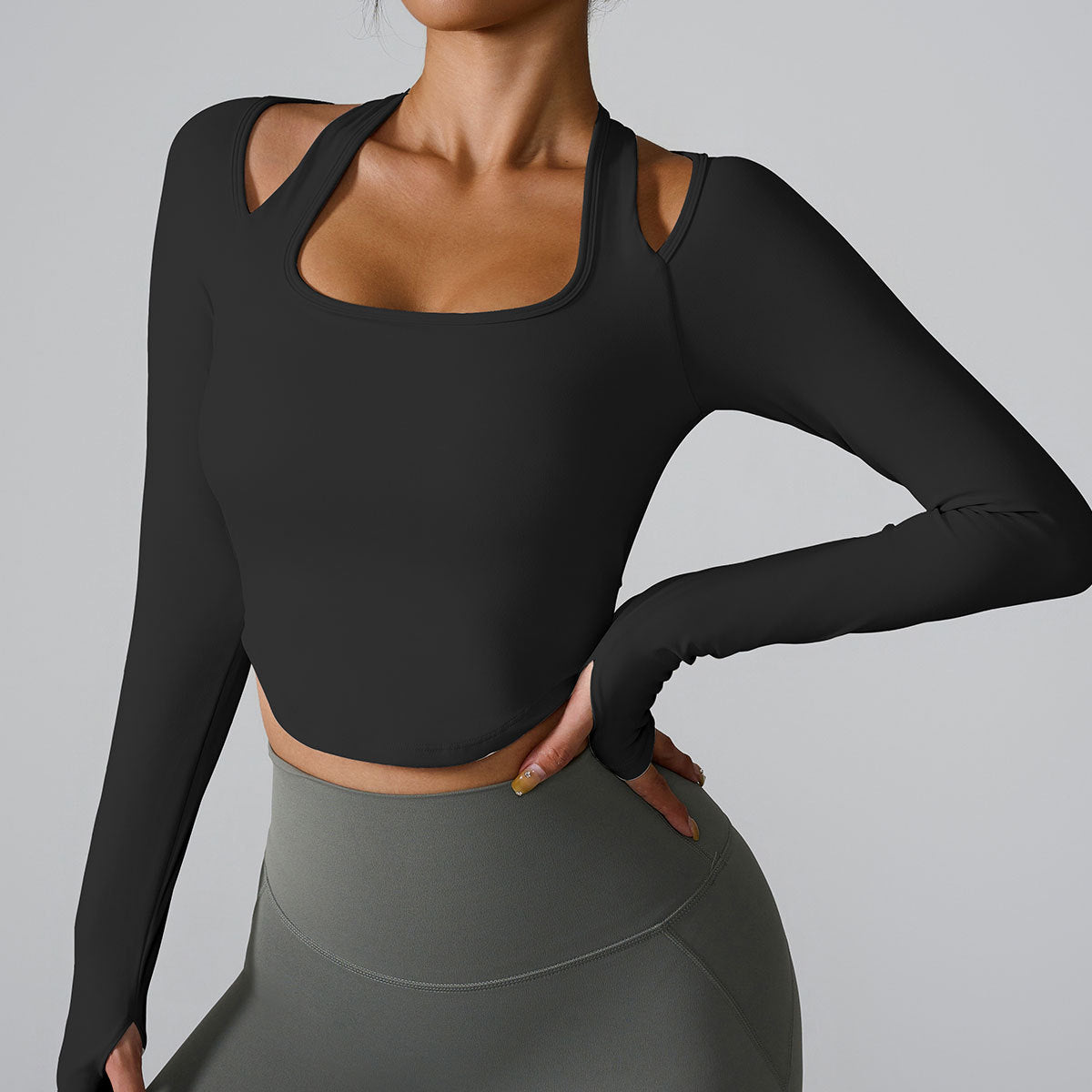 Long Sleeve High Neck Yoga Top for Women Form Fitting Quick Dry Fabric with Built In Bra Support for Comfort During Workouts