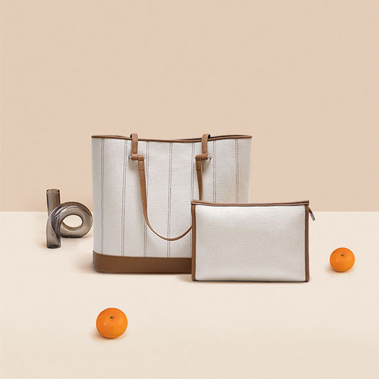 Vintage Striped Canvas and Leather Tote Bag Oversized Bucket Design Shoulder and Handheld Carry Option