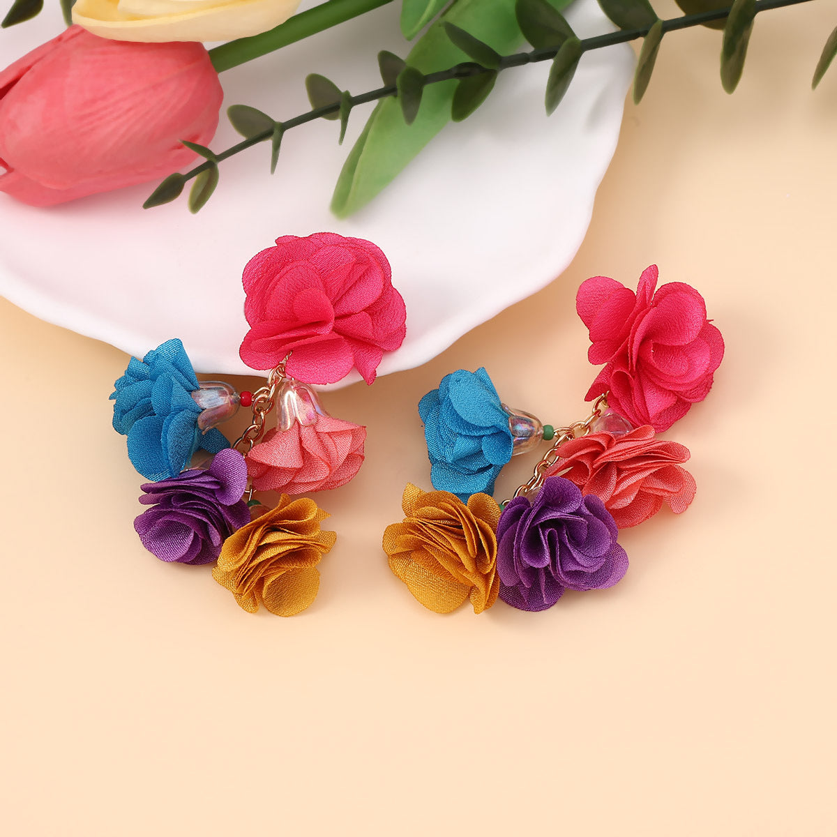 Bohemian Colorful Floral Fabric Drop Earrings - Perfect Ethnic Vacation Accessory for Every Occasion