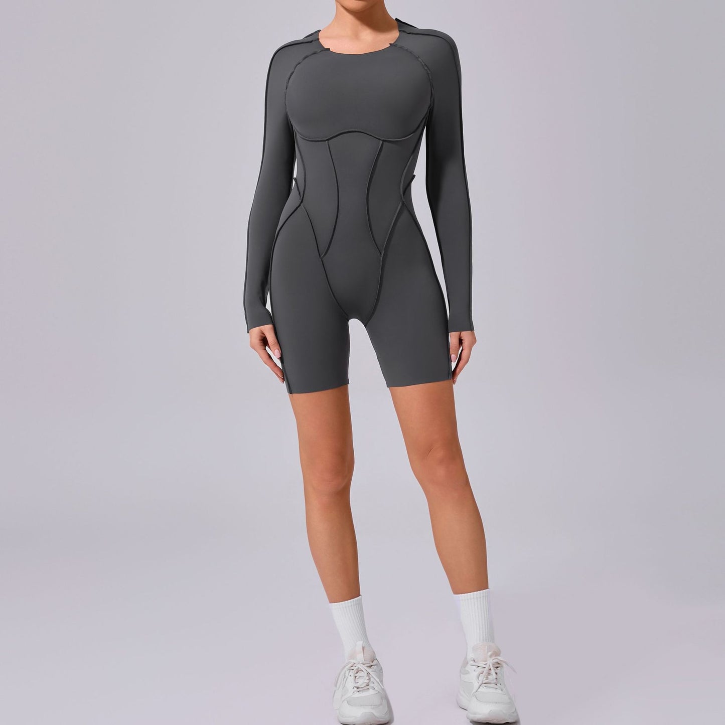 Women's Long Sleeve Round Neck Spliced Bodysuit with 3D Stitching Open Back Fitness and Yoga Apparel Model 24102