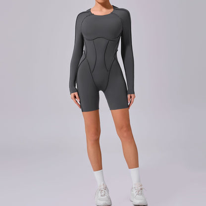 Women's Long Sleeve Round Neck Spliced Bodysuit with 3D Stitching Open Back Fitness and Yoga Apparel Model 24102