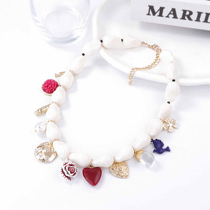 Stunning Minimalist Baroque-Inspired Faux Pearl Drop Oil Alloy Heart Insect Flower Pendant Necklace for Women - Elegant and Unique Collarbone Chain