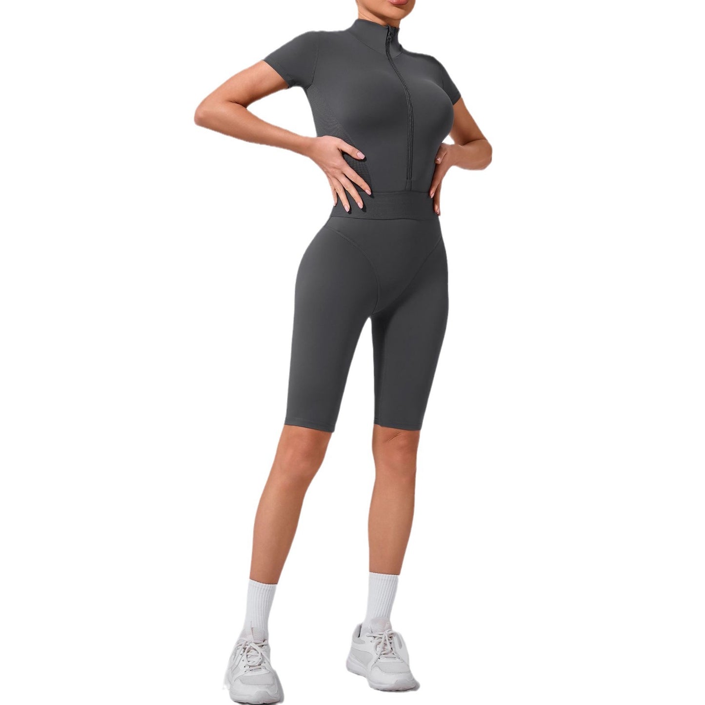 Women's Shaping Zipper Short Sleeve Yoga Bodysuit with Open Collar for Fitness and Workout Mesh Design for Comfort and Support