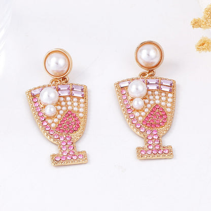 Unique Geometric Shaped Earrings with Dazzling Rhinestones - Elegant Pearl Studs Inspired by Cocktail Glass Design for Sophisticated Women's Jewelry
