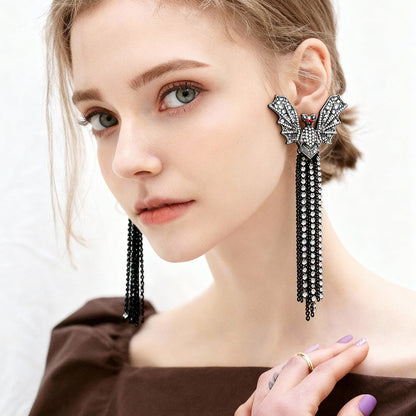 Exquisite Custom Dark-Inspired Alloy Bat Tassel Pendant Earrings for Women, Featuring Glamorous Rhinestone Accents