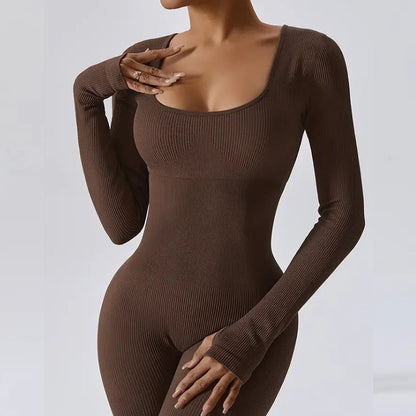 Women's Long Yoga Jumpsuit Short Sleeve Bodysuit with Square Neck for Fit Sculpting Effect