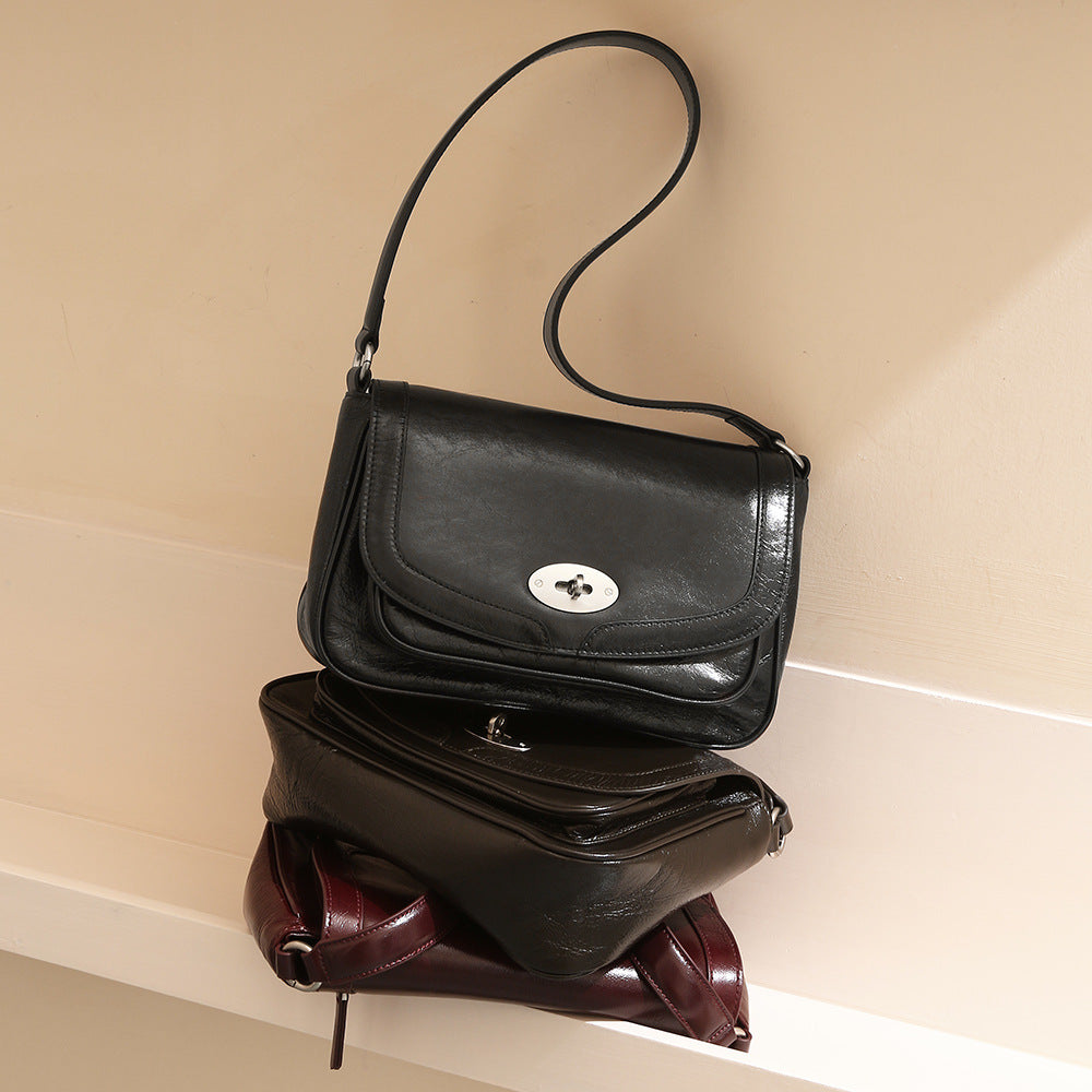 Genuine Leather Women's Bag for Autumn Winter Versatile Double Layer Cowhide Shoulder Bag for Business Casual Commutes