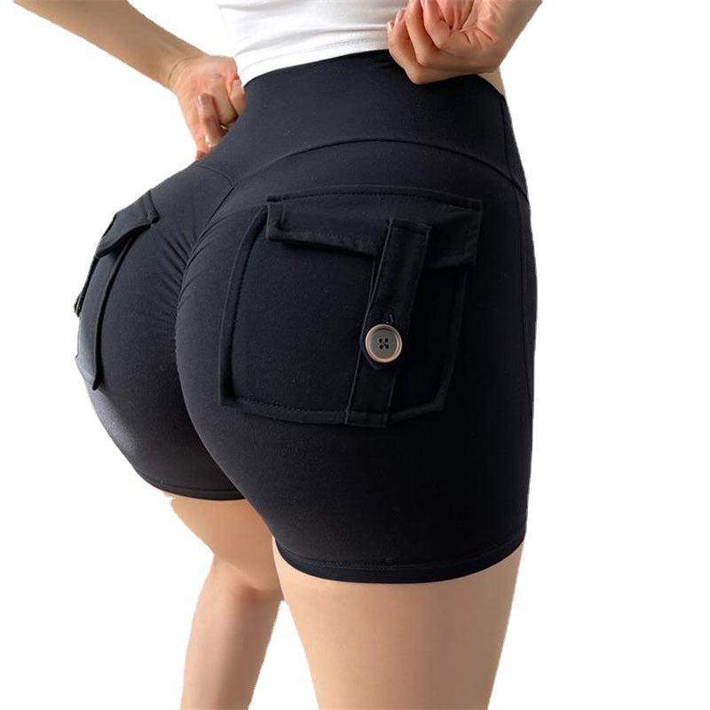 High Waisted Peach Butt Lift Cargo Shorts for Women Elastic Button Closure Yoga Pants for Quick Dry Comfort in Running and Fitness Activities