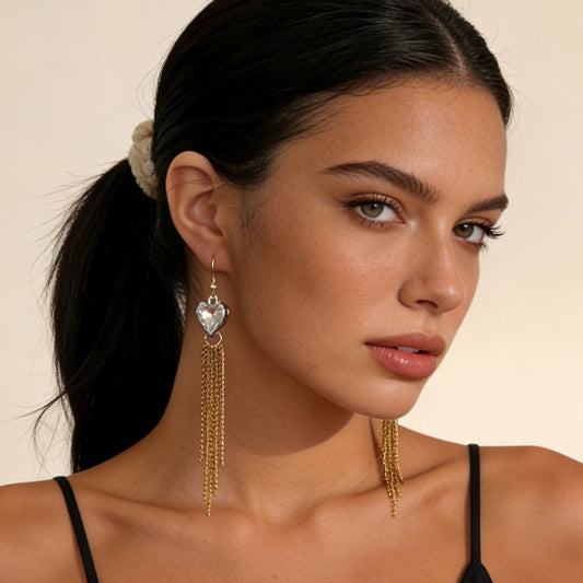 Chic Minimalist Geometric Zircon Heart Tassel Chain Drop Earrings – Versatile Vintage-Inspired Jewelry for Modern Women
