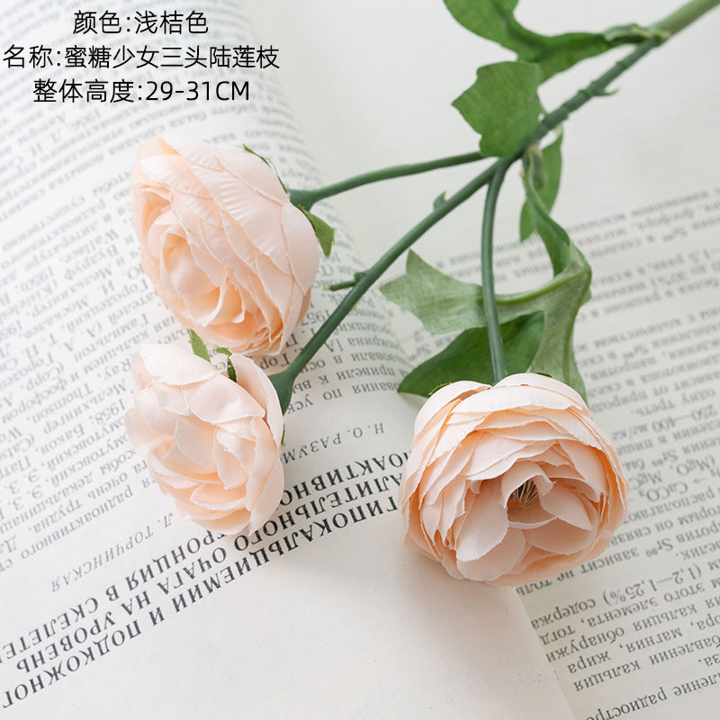 Charming Honey Sweet Girl Triple Lotus Branch - INS-Style Realistic Artificial Flowers for Home Decor and Wedding Decorations - PJ1017