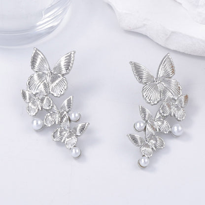 Elegant Vintage-Inspired Luxury Earrings with Alloy Faux Pearl and Butterfly Design – Perfect Everyday Wear for Women