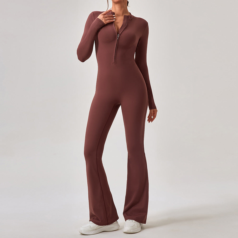 Zipper Long Sleeve Jumpsuit with Flared Pants Slim Fit Women's Butt Lifting Yoga and Workout Outfit for Enhanced Performance