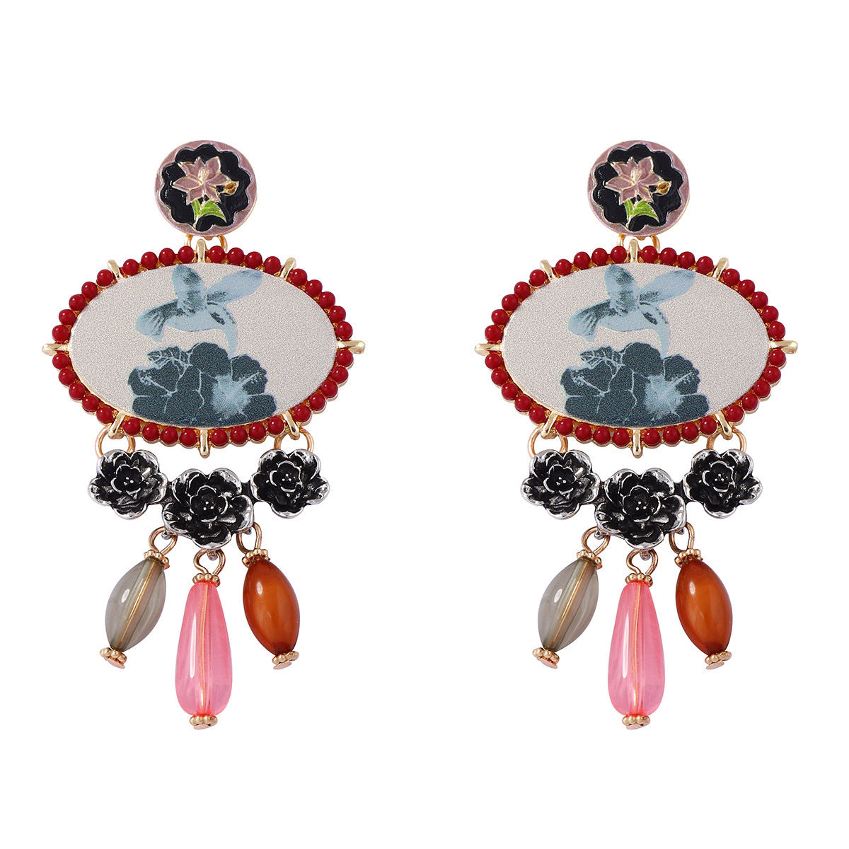 Exaggerated Ethnic Artistry: Chic Composite Gold Resin Bird and Floral Tassel Drop Earrings – Lightweight, Unique Design for Every Occasion